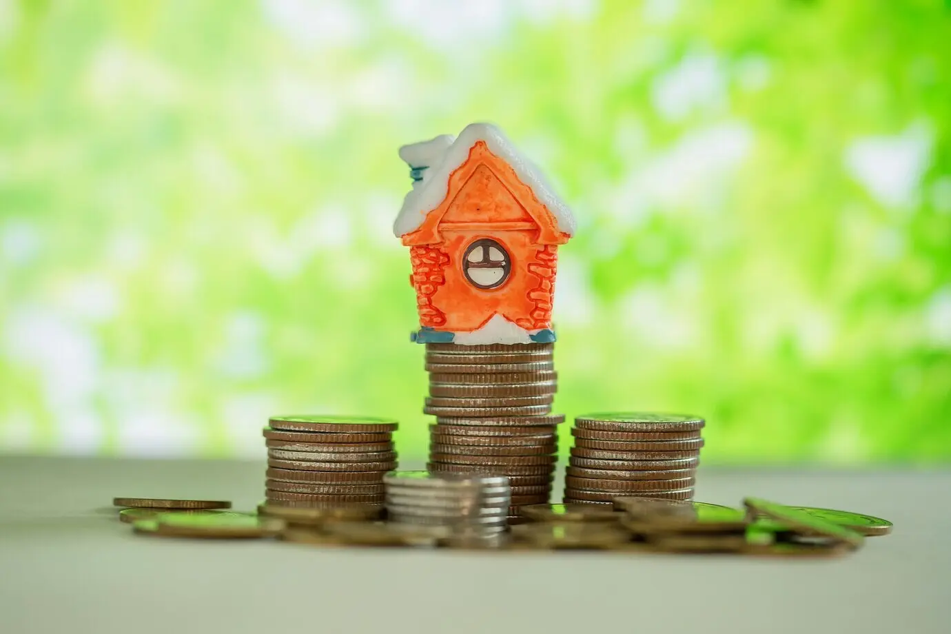 A miniature house on a stack of coins with a green blur.