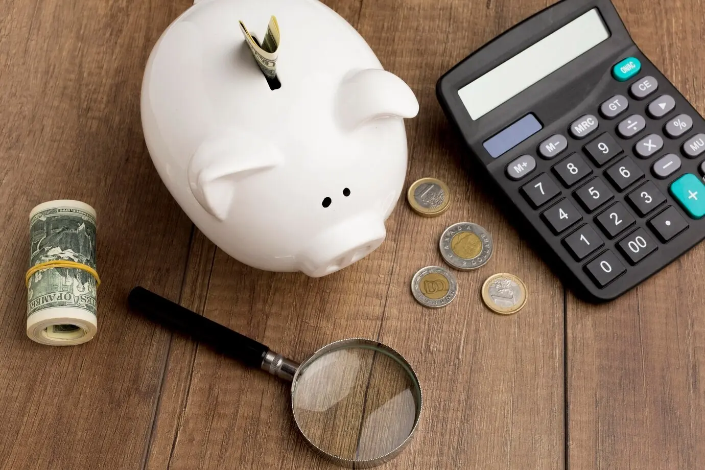 Economy concept with a piggy bank, high-angle view.